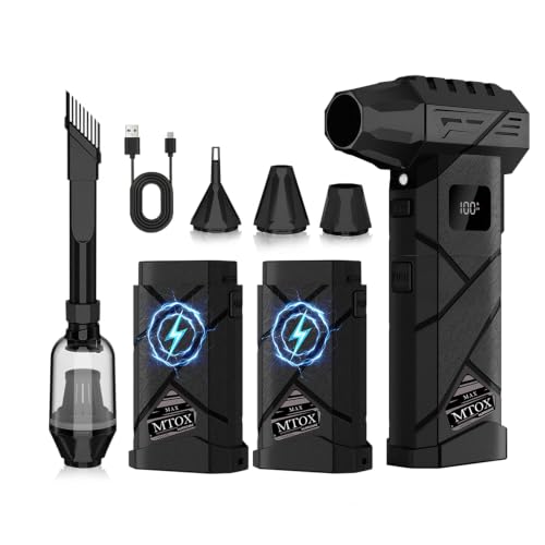 MTOX Electric Air Duster, 150,000 RPM Compressed Air Duster, Fast Charging, Dual 4000mAh Batteries, 2-in-1 Blower & Vacuum Portable, for Keyboards PC Computer Case, House, Outdoor & Cars (Black)