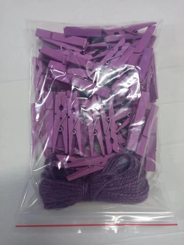 Durreus 1.9"" Small Wooden Clothes Pins Baby Shower Light Purple Mini Clips Photo Holder Hanging Crafts Clothespin Pack 50 with Clothesline - color: 50pcs (2 Inch) Light Purple + Jute Twine