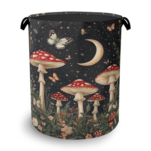 Mushroom Forest Plant Laundry Hamper,Butterfly Moon Dirty Clothes Laundry Basket with Handles Waterproof Oxford Cloth Storage Basket for College Dorms Bathroom Bedroom 16" x 20.8" - color: Mushroom Forest Plant Butterfly Moon