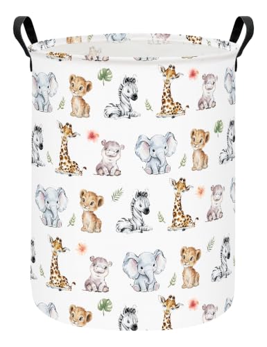 Round Jungle Wildlife Laundry Hamper, Cotton Canvas Storage Bin - color: Round Safari Animal