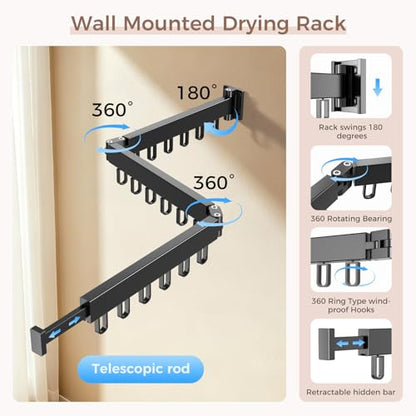 Wall Mounted Clothes Drying Rack, Space-Saving Foldable Clothes Drying Rack, Wall Clothes Hanger with 18 Hooks for Indoor & Outdoor Use in Laundry Room, Bathroom & Balcony