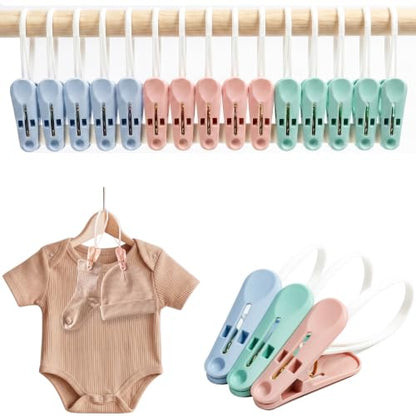 MtBoi Windproof Clothes Pins with Hanging Ropes, Heavy Duty Plastic Laundry Clips for Clothesline Drying, Multi-Purpose Closet Organizer for Baby Socks, Boots, Crafts (15, Mixed) - color: Mixed