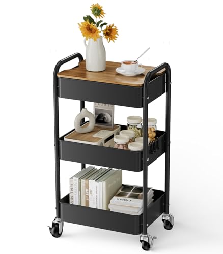 3-Tier Rolling Cart with Table Top, Metal Utility Cart on Wheels - color: Black