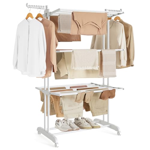 SONGMICS 4-Tier Clothes Drying Rack, Foldable, Rolling, 66.6-Inch Tall - color: White + White, style: 4-Tier