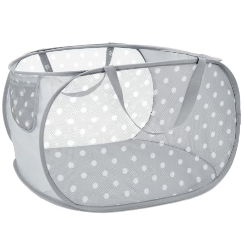 Sturdy Collapsible Laundry Baskets with Side Pockets, Mesh Pop Up Laundry Hamper, Foldable Clothes Storage Hamper with Reinforced Carry Handles for Home, Dorm, Travel -Polka Dot Print, Gray - color: grey