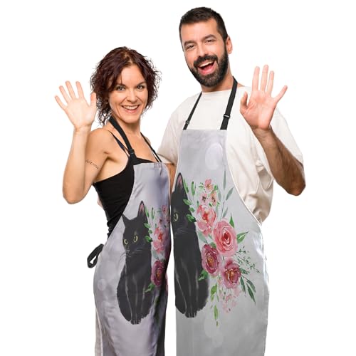 Cook Apron Women Black Cat and Watercolor Flower Mans Aprons for Grilling for Kitchen Cooking Restaurant BBQ Painting Crafting Gardening 27” (W) x 31” (H), Waterproof Aprons - color: Cat and Flower