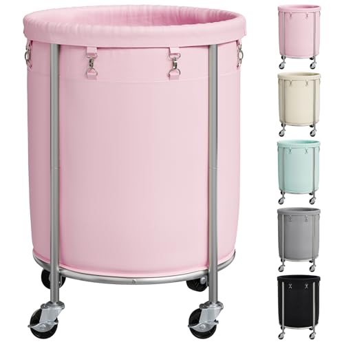 ELYKEN Laundry Basket with Wheels, Round Rolling Laundry Hamper, Pink - color: Pink, size: 190L