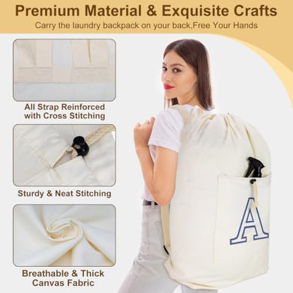 Laundry Bag Backpack Personalized Initial Design Canvas Laundry Bag with Straps & Drawstring Closure Dirty Cloth Hamper Bag for College, Travel, Laundromat, Camping (Letter A) - color: Letter A, size: X-Large