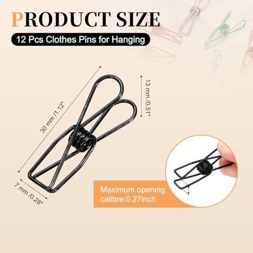 uxcell 12Pcs Clothes Pins for Hanging, 1.2" Metal Clothing Clips Heavy Duty Laundry Spring Pegs, Clothesline Clip Paper Holder Sealer for Holding Clothes, Paper, Food Packages, Black - color: Black, size: 1.2"