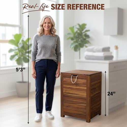 Laundry Hamper & Basket with Lid, Handles, Acacia Wood, Brown, 90L, 23.5 lb