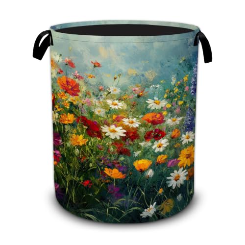 Flower Field Laundry Basket,Vintage Oil Painting Foldable Oxford Laundry Hamper with Handles,Collapsible Clothes Storage Basket for Bedroom,Bathroom,or Laundry Room, 20.8 x 16 Inches - color: Flower Field Vintage Oil Painting