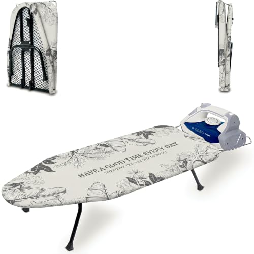 Metal Mesh Panel Tabletop Ironing Board | Foldable Iron Board | Heavy Duty Small Iron Board with Heat Resistant Cover and 100% Cotton 8mm Thicken Pad (Grey Leaves) - color: Grey Leaves