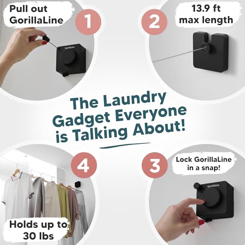 GorillaLine Basic - Retractable Clothesline Indoor Outdoor Clothes Line - Non-Sagging Heavy Duty Clothes Drying Laundry Line - Wall Mounted Drying Rack - Air Dry Clothing - Tighten with GorillaGrip - color: Black