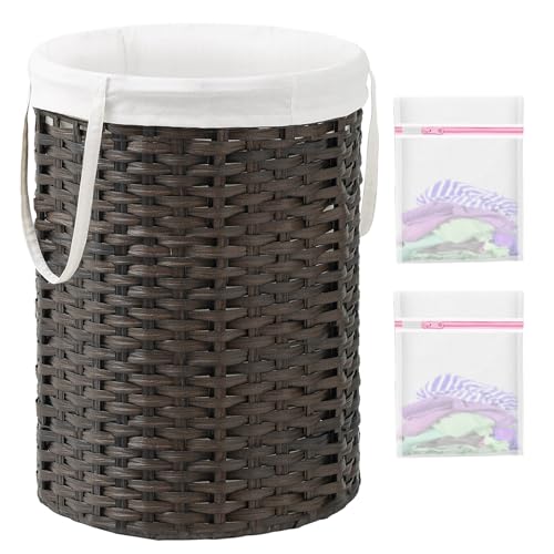 SETVSON Laundry Basket Round PE Rattan Laundry Hamper, Brown (No Lid) - color: Brown, size: 29.1 Gal - 110L