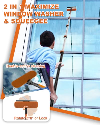 30Ft Reach Solar Panel Cleaning Brush Kit with 5-24ft Telescoping Pole, Water Fed Window Cleaner Tool with 20" Brush, Soap Dispenser, Cobweb Duster, Squeegee for Roof, RV, Gutter, Boat, Deck - color: Amber