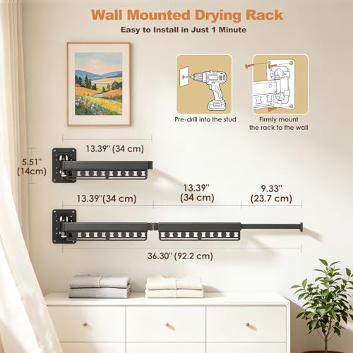 Wall Mounted Clothes Drying Rack Foldable & Space-Saving with 4 Hangers