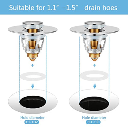 2Pcs Bathroom Sink Stoppers ，Pop Up Drain Stopper for Bathroom Sink，‎2-in-1 Sink Stopper & Strainer,Universal Wash Basin Sink Stopper，for 1.1"~1.5" Bathroom Sink Drain（Silver） - color: Silver*2
