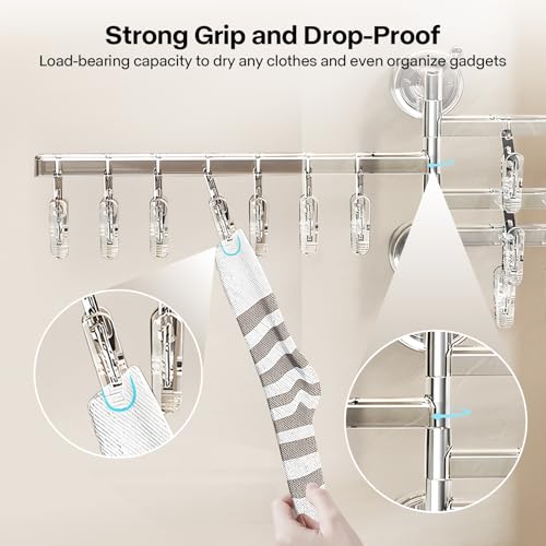 180 Rotating 4 Tier Clothes Drying Rack with 28 Clips, Wall Mounted Clothes Hanger with Suction Cups for Drying Socks, Baby Clothes, Bras, Underwear, Hat, Scarf, Towels, Gloves