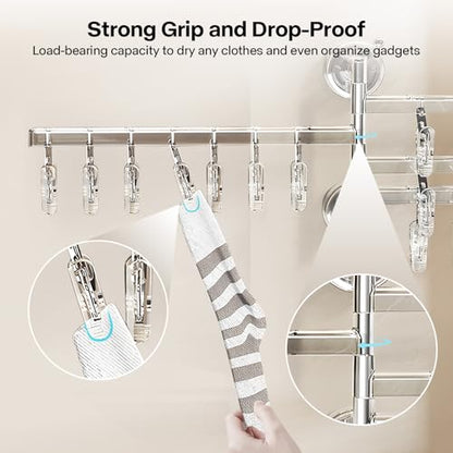 180 Rotating 4 Tier Clothes Drying Rack with 28 Clips, Wall Mounted Clothes Hanger with Suction Cups for Drying Socks, Baby Clothes, Bras, Underwear, Hat, Scarf, Towels, Gloves