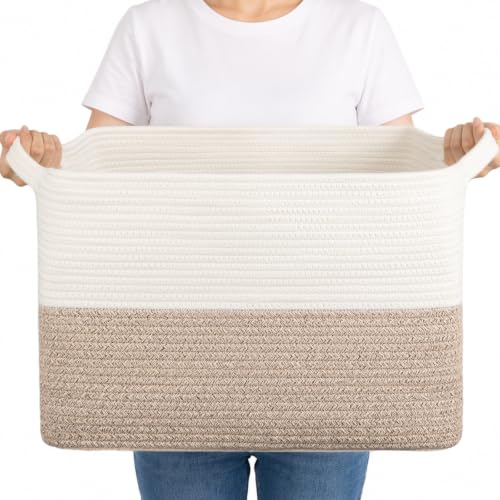 OIAHOMY Woven Storage Basket, Large Baskets for Organizing Brown & White - color: Brown & White, size: 16.5"x13"x12"