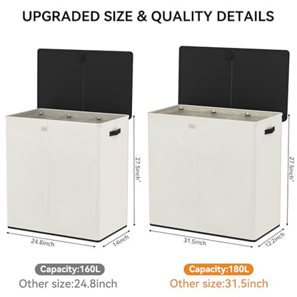 WOWLIVE Laundry Hamper with Lid, 180L Large Laundry Basket 3 Section - color: Beige, size: 180l (31.5x 12.2 X 27.5 Inches)