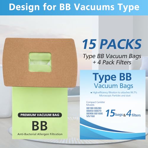 PKBB12DW Type BB Compact Canister Vacuum Bags Replacement for Oreck