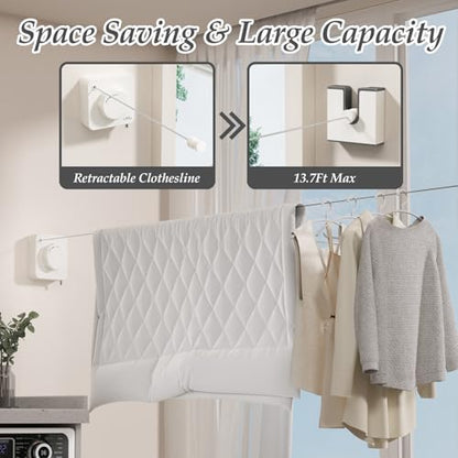 Danpoo Stainless Steel Retractable Clothesline Heavy Duty - 13.7ft Adjustable Tension Non-Drop Clothes Line, Rustproof Metal Wall Mounted Laundry Line(White) - color: White