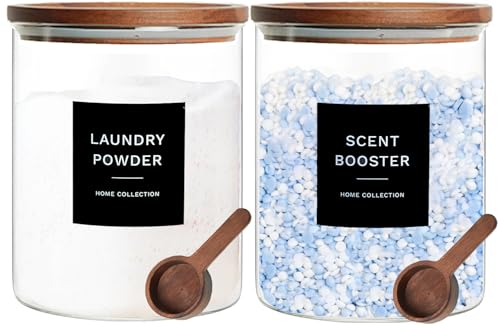 Glass Laundry Storage Containers with Acacia Lids and Scoops, Laundry Jars - size: Set of 2 (2x 70oz)