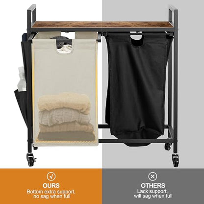 WOWLIVE Double Laundry Hamper with Wheels, Rolling Laundry Basket Organizer - color: Black and Beige, size: 110l (30.0 x 13 x 32 Inches)