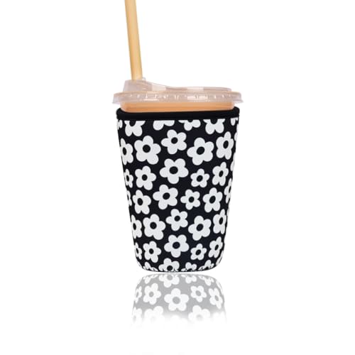 Reusable Insulated Sleeve for Iced Coffee Cup, Coffee Neoprene Sleeve for Cold & Hot Drinks, Beverage Holder for Iced Coffee (Black Florals, Small: 16-18oz) - color: Black Florals, size: Small: 16-18oz