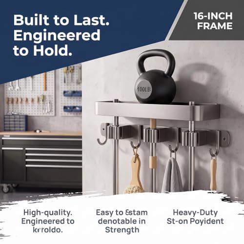 Broom Holder Wall Mount, Heavy Duty Mop Organizer with Shelf, Anti-Slip Grippers & Hooks for Laundry Room Garage Utility Closet（16inches） - color: 16inch