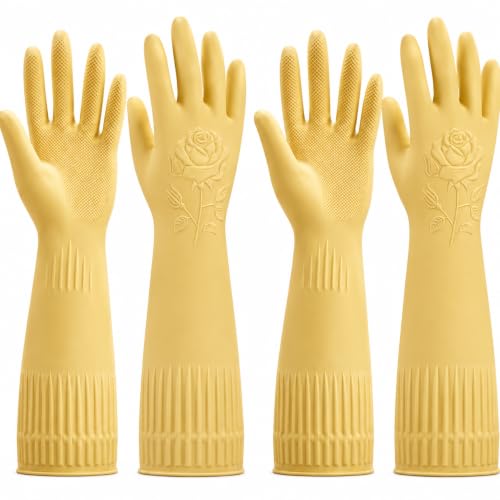 Disfore Rubber-Gloves Dishwashing Gloves for Cleaning-Kitchen - 2 Pairs Long Household Cleaning Gloves for Washing Dishes - color: Yellow, size: Large