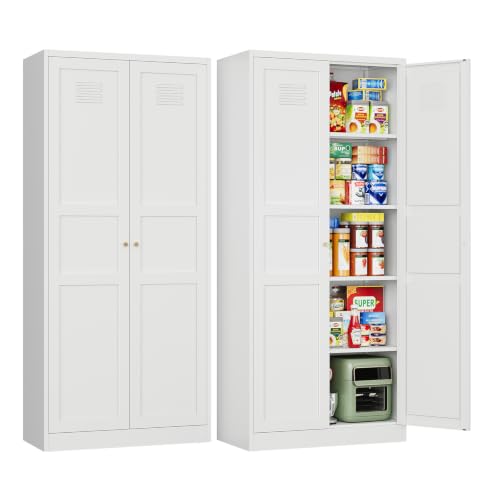 Letaya White Storage Cabinet with Adjustable Shelves-Metal Home Kitchen Pantry Cabinets with Doors,Organization Locker for Cupboard/Bedroom/Dining/Living/Bathroom/Office/Garage Room - color: White, size: 16"D x 32"W x 71"H-B