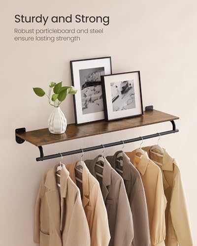 SONGMICS Wall Mounted Clothes Rack with Top Shelf, Hanging Rod - color: Natural Beige + Cloud White