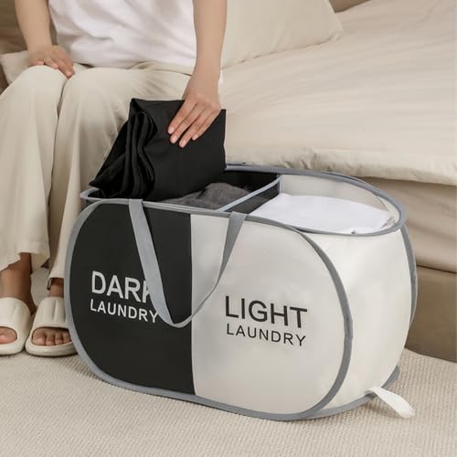 Collapsible Laundry Baskets with 2 Compartments, Black + Begie - color: Black + Begie