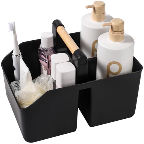 rejomiik Plastic Shower Caddy, Portable Basket with Bamboo Handle, Black - color: Black