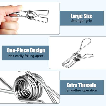 Large Metal Clothes Pins Heavy Duty (20 Pack), 3.4” Stainless Steel Wire Clothespins Outdoor Indoor with Storage Bag, Thick 2.5 mm Rust-Proof Laundry Clips, Strong Clothespin & Metal Bag Clips