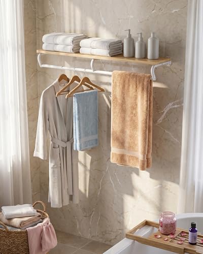CHOEZON Wall Mounted Clothes Rack, Metal Garment Rack with Top Shelf, Laundry Storage Shelf with Hanging Rod, for Laundry Room, Bedroom, Entryway and Storage Room, Natural and White TYM02NW - color: Natural, White