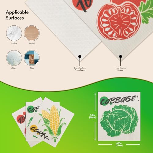 Swedish Dishcloths for Kitchen, 6 Pack Vegetable Swedish Dish Towels with Clips, Reusable Paper Towels Washable Non-Scratch Super Absorbent Cellulose Sponge Cloths, Biodegradable No Odor - color: Vegetable