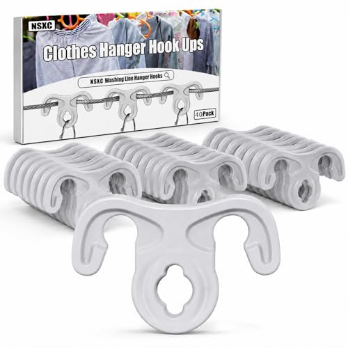 40 Pcs Clothesline Hanger Hooks, Windproof Hanger Hook Ups for Outdoor Clotheslines, Strong Grip ABS Laundry Hooks for Clothes Hangers, No Clothespin Marks, Fits Retractable and Rotary Clotheslines