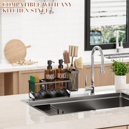 MASADI Kitchen Dish Soap Dispenser Set with Sponge Holder, 12OZ Glass Bottle, Hand and Dish Soap Dispenser Set, Non-Slip Silicone Pad, Brush Holder, Kitchen Sink Organizer Countertop (Black+Amber) - color: Black+amber