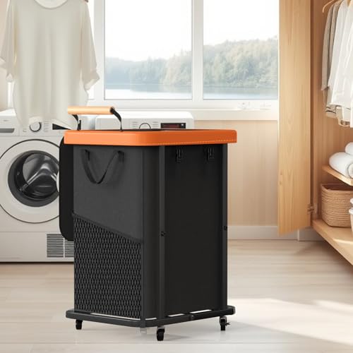Laundry Hamper with Lid,Leather Patchwork Laundry Basket with Wheels 40Gal - color: Black, size: 1 Section