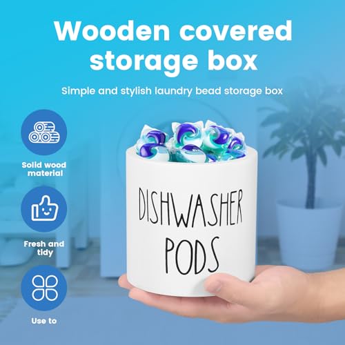 Round Dishwasher Pods Container, Wooden Laundry Pod Holder with Lid, White - color: White