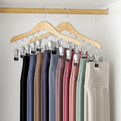 Legging Organizer for Closet, Wooden Yoga Pants Hangers 2 Pack with 10 Clips Holds 20 Leggings, Space Saving Hanging Closet Organizer, Closet Organizers and Storage, Dorm Room Organization