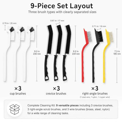 QWORK Crevice Cleaning Brush 9 Pcs Set, Multi-Purpose Gap Brushes with Wire, Right-Angle & Narrow Bristle Tools