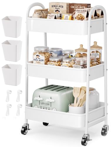 Heavy Duty 3 Tier Rolling Cart Metal with Wheels, White Three Tiered Shelf - color: Pure White