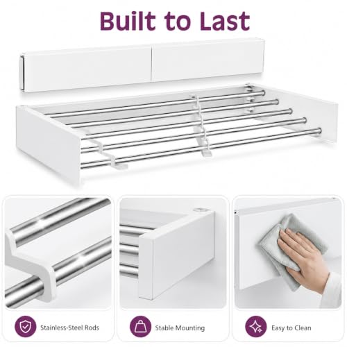 Wall Mounted Clothes Drying Rack, Foldable Retractable Laundry Rack with 5 Rods, 50 lb Capacity, Space Saving, White