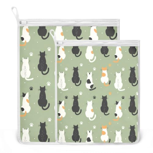 Mesh Laundry Bags Lingerie Bags for Washing Delicates 2 PCS Wash Bag with Zipper Small and Medium Washable Cats Green - color: Cats Green