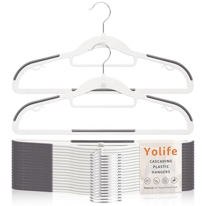 Yolife Cascading Plastic Clothes Hangers 10 Pack with Inner Hook for Vertical Storage, Slim Space Saving Hangers with Non-Slip Pads, 360° Swivel Metal Hook, Versatile, White & Gray - color: White & Gray