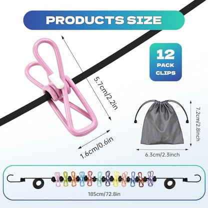 2Pcs Multicolor Portable Travel Clothesline with 12 Clothespins